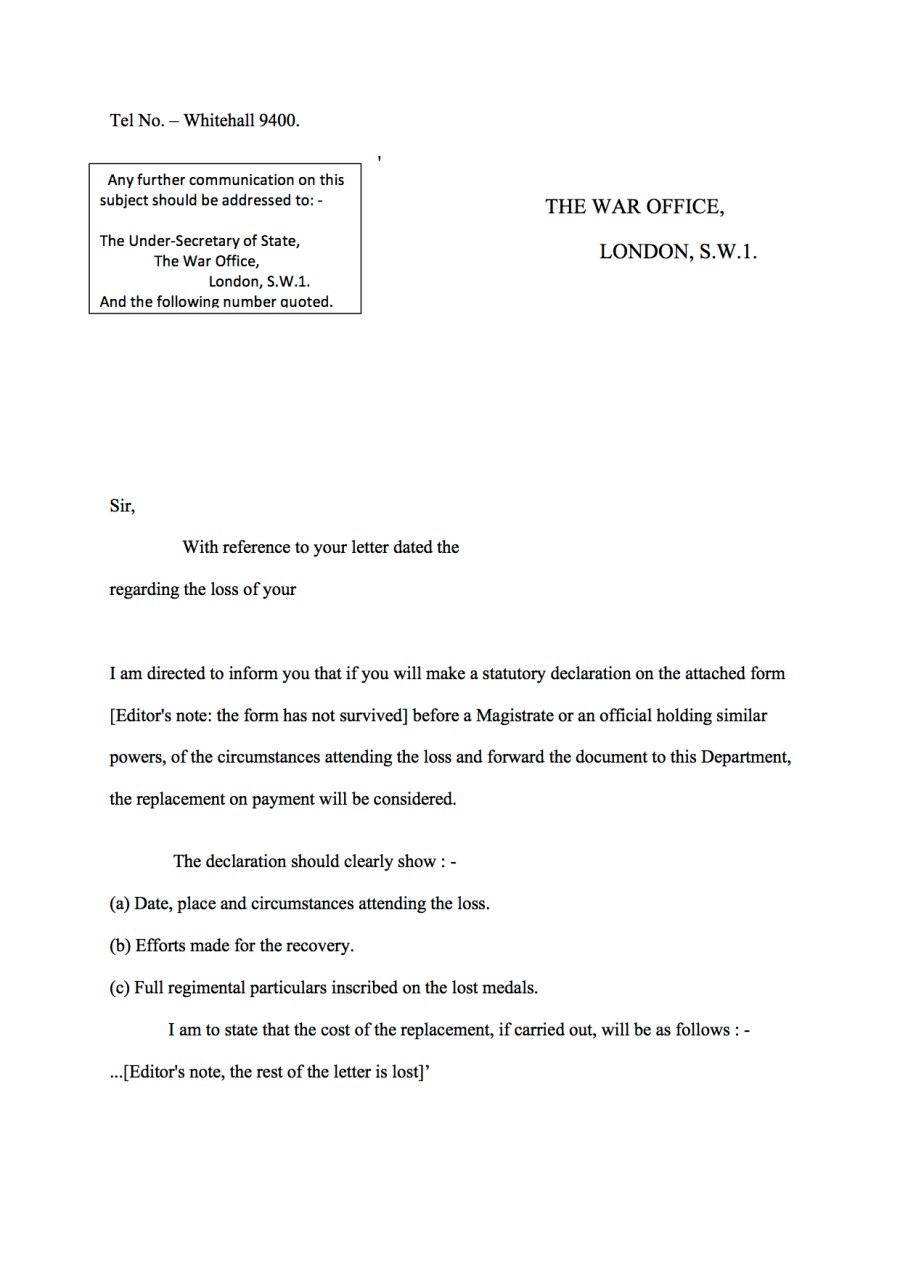 Replacement medal letter