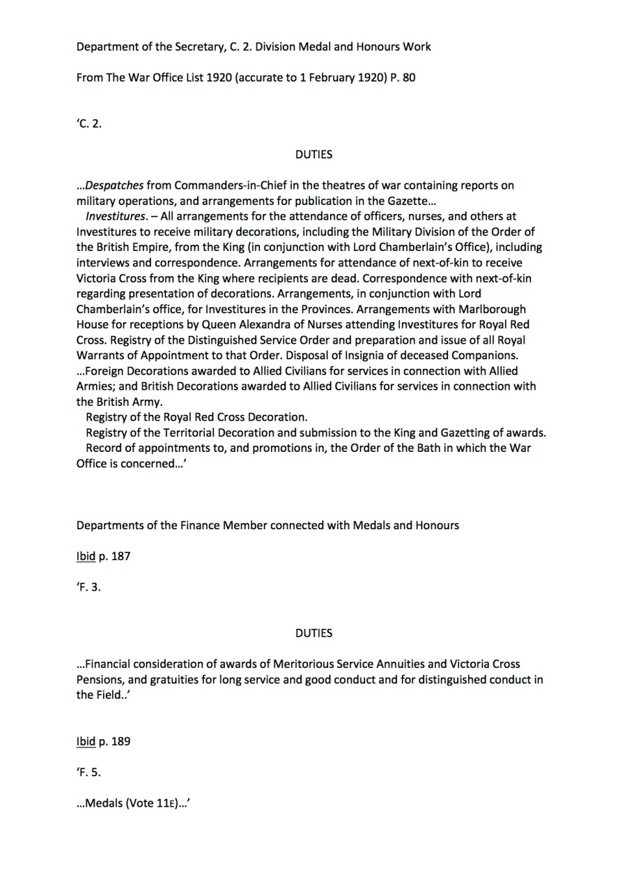 War Office List 1920 Divisions Connected with Medal Work